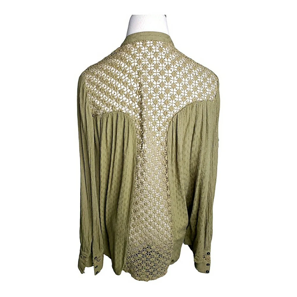Free People The Best Buttondown Crochet Back Romantic Neutral Rayon Boho Lace ML - Picture 11 of 11